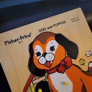 Vintage 1982 Fisher Price Dog & Puppies Wood Peg 8 Pc Puzzle #511 Collectible